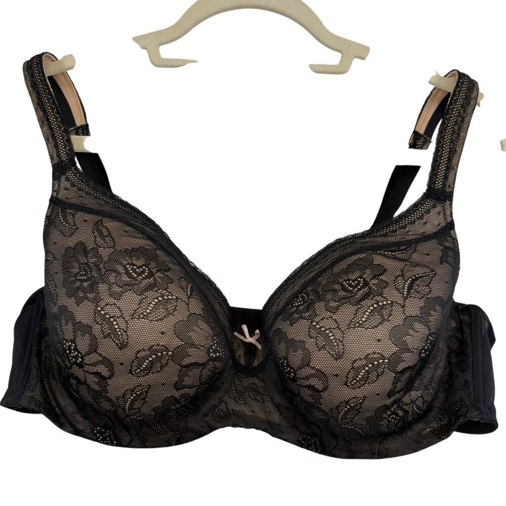 Cacique Modern Lace Covered Balconette LL Black Underwire Wired Bra sz 44C